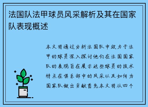 法国队法甲球员风采解析及其在国家队表现概述