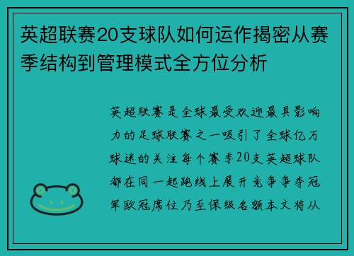 英超联赛20支球队如何运作揭密从赛季结构到管理模式全方位分析