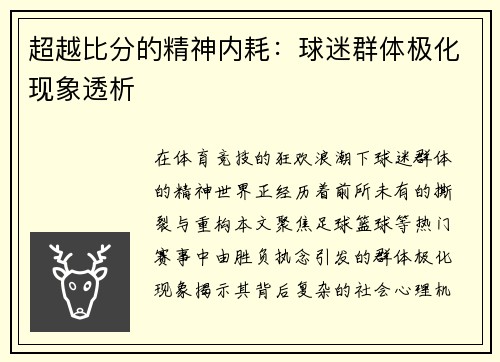 超越比分的精神内耗：球迷群体极化现象透析