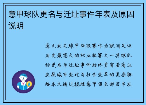 意甲球队更名与迁址事件年表及原因说明