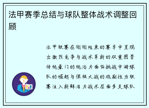法甲赛季总结与球队整体战术调整回顾