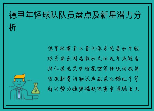 德甲年轻球队队员盘点及新星潜力分析